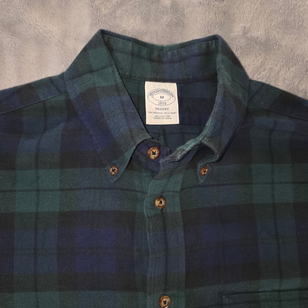 Brooks Brothers Mens Regent Fit Flannel Shirt Black Green Navy Plaid Size Medium